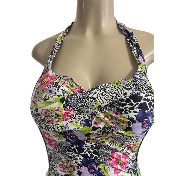 Floral Twist Front Halter Swimsuit Romper | Stretch Nylon Spandex Unique Print L - Picture 4 of 7